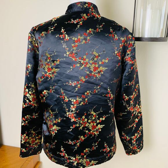 Vintage Chinese Sz L Style Gold Silky Reversible Jacket Floral Embroidered Retro - Picture 5 of 16